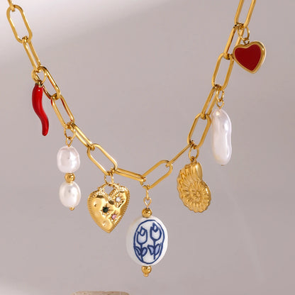 Conch Heart Porcelain bead Chili Pendent Necklace