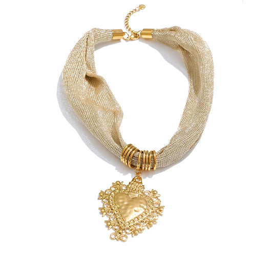 Polyester Cloth Chain Heart Pendant Necklace