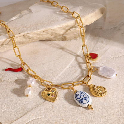 Conch Heart Porcelain bead Chili Pendent Necklace