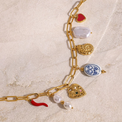Conch Heart Porcelain bead Chili Pendent Necklace